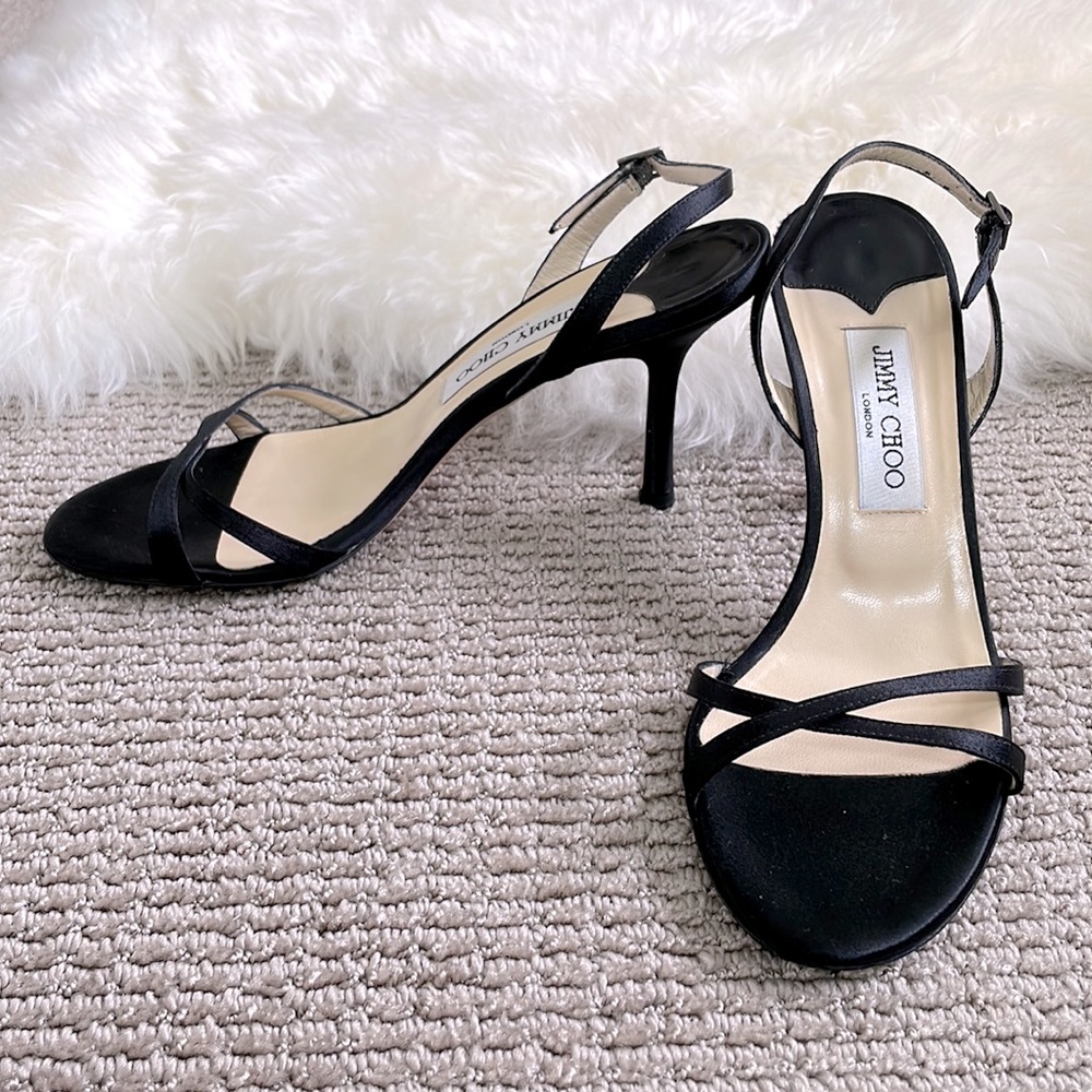 Jimmy Choo Satin Slingback Jasmin Sandals 38.5 Black strappy formal heels